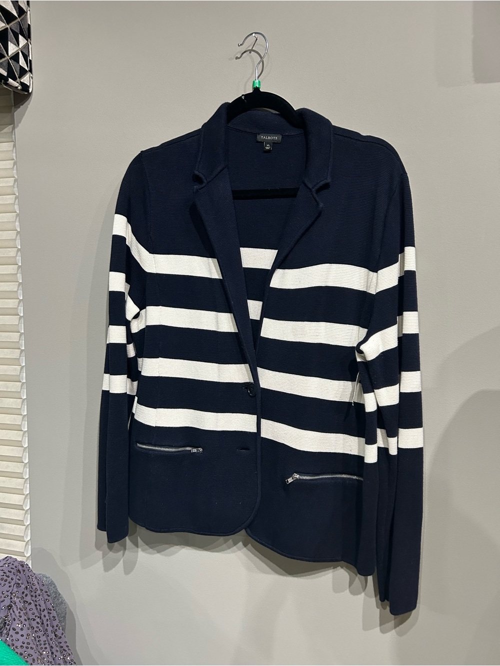 Talbots Navy and White Striped Knit Blazer with Zip Pockets